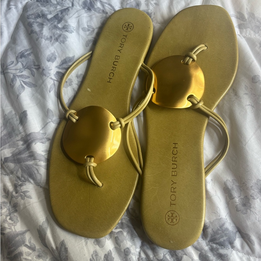 Tory Burch Pato Olive & Gold Disk Sandals - Picture 11 of 11